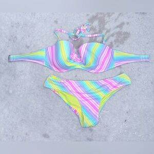 Victoria’s Secret Ruched Top & Cheeky Bottom 2 Piece Neon Striped Bikini 36D/L